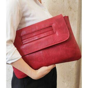 Red Faux Leather Foldover Clutch/Shoulder Bag With Magnetic Snap Closure Detacha